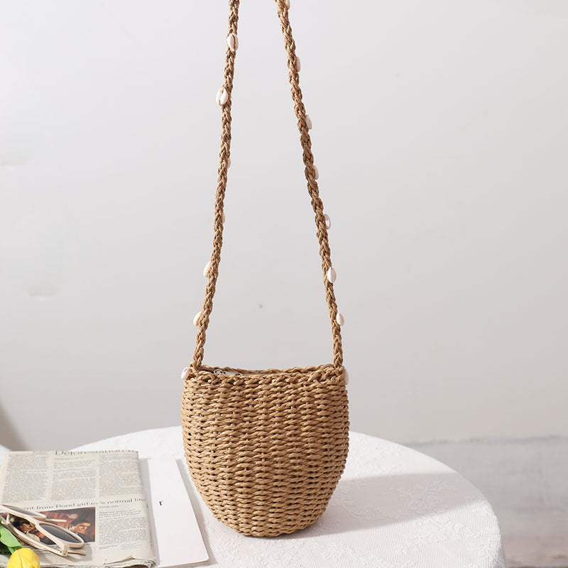 Cute Straw Bag Women Single Shoulder Crossbody Shell Straw Bag Woven Bag All Match Seaside Vacation Beach Bag