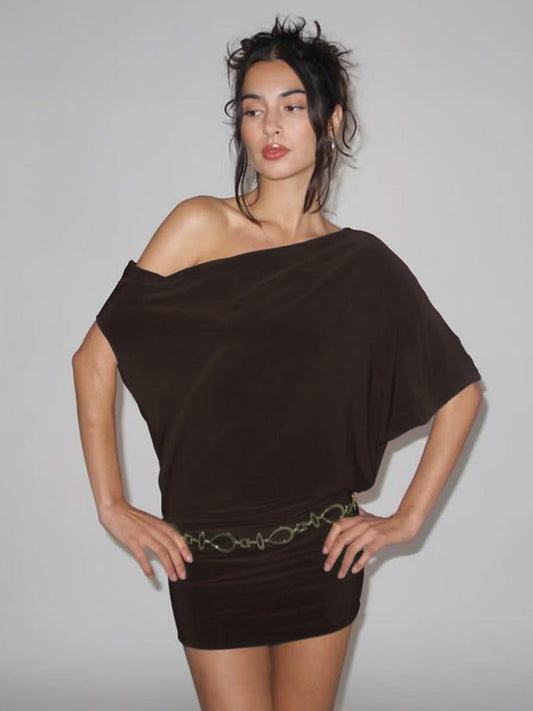 Sexy Solid Color Women Clothing Sexy Tube Top Irregular Asymmetric Shoulder Sleeve Short Slim Sheath Dress Women