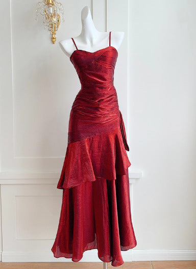 Dark Red Suspenders Dress Concert Birthday Dress High Grade Party Little Dress