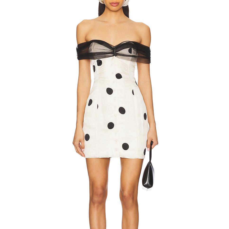 Summer Women off Neck Hip Dress Slim Fit Buttoned Mesh Stitching Polka Dot Tube Top Dress