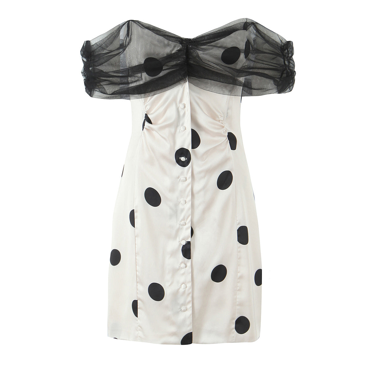 Summer Women off Neck Hip Dress Slim Fit Buttoned Mesh Stitching Polka Dot Tube Top Dress