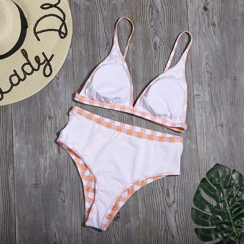 High Waist Plaid Bikini Split Swimsuit Sports Swimwear Bikini