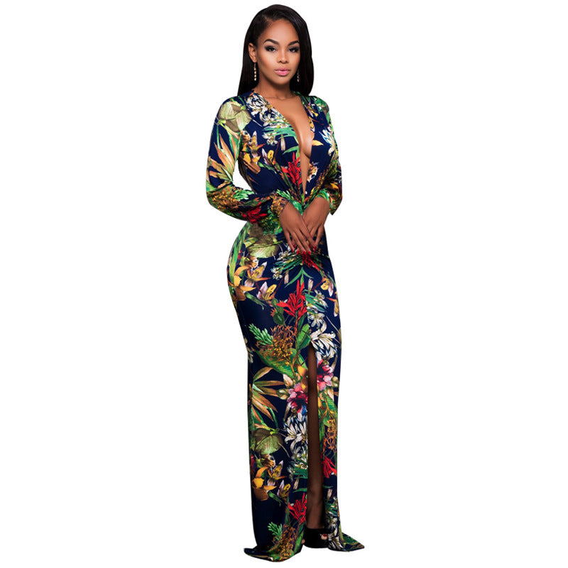 Sexy High Slit Printed Dress Arrival Women Clothing Deep V Plunge Plunge Long Sleeve Dress Plus Size
