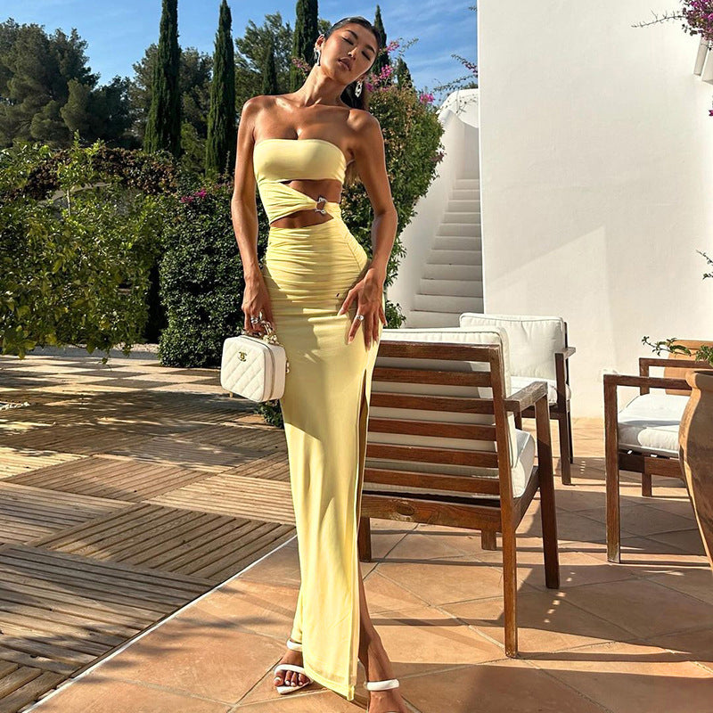 Tube Top Sexy Hollow Out Cutout Split Yellow Dress Women Vacation Sexy Slim Fit Maxi Dress