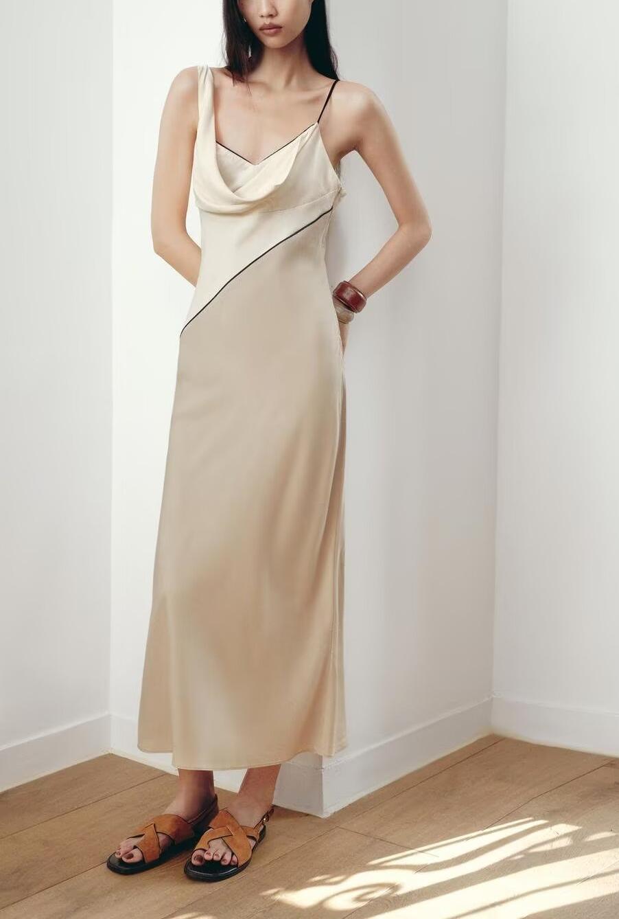 Women Clothing Summer Elegant Sexy V neck Mid Length Strap Stitching Midi Dress