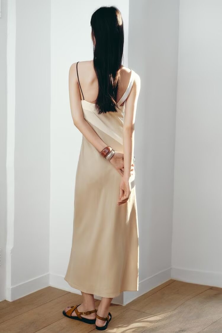 Women Clothing Summer Elegant Sexy V neck Mid Length Strap Stitching Midi Dress