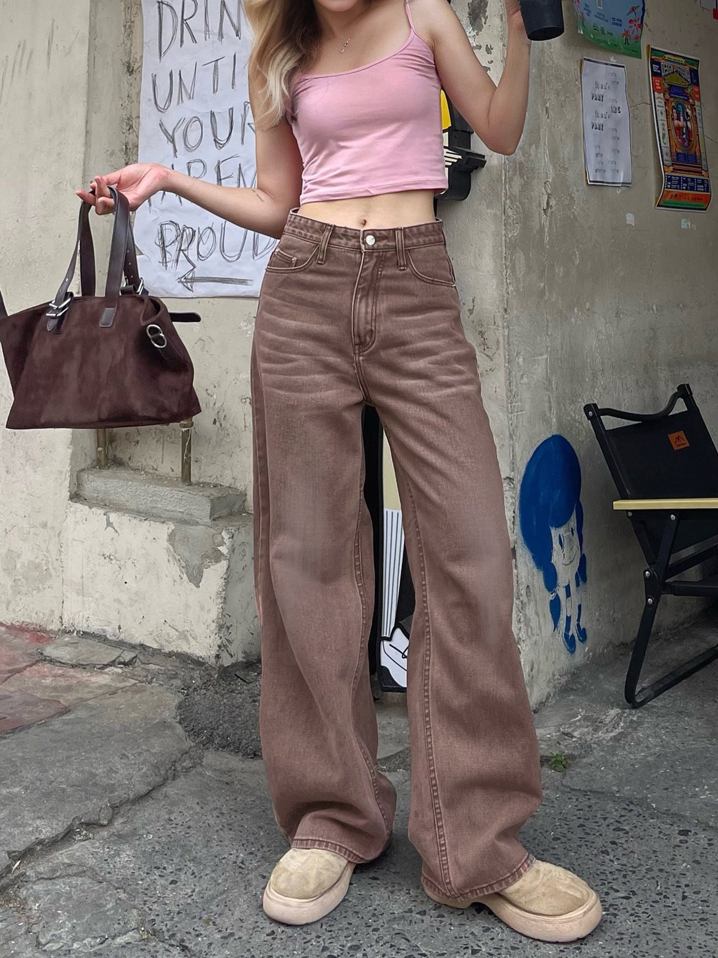 Non Elastic Wide Leg Three Dimensional Cat Beard Denim Candy Color Brown Colored Trousers
