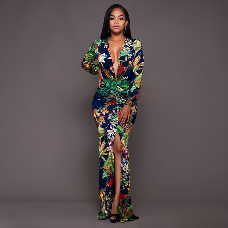Sexy High Slit Printed Dress Arrival Women Clothing Deep V Plunge Plunge Long Sleeve Dress Plus Size