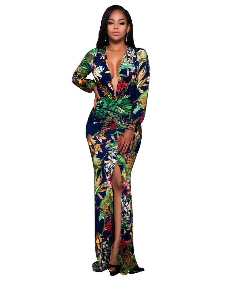 Sexy High Slit Printed Dress Arrival Women Clothing Deep V Plunge Plunge Long Sleeve Dress Plus Size