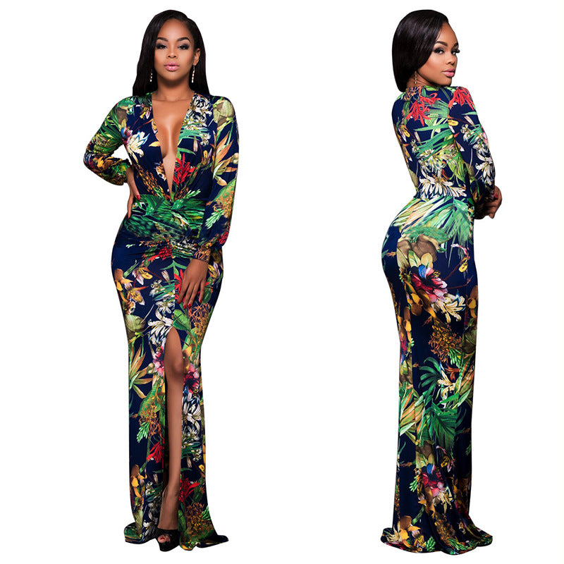Sexy High Slit Printed Dress Arrival Women Clothing Deep V Plunge Plunge Long Sleeve Dress Plus Size