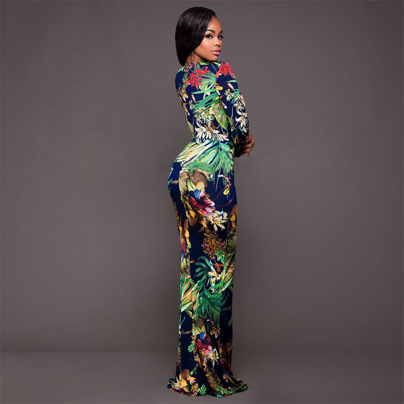 Sexy High Slit Printed Dress Arrival Women Clothing Deep V Plunge Plunge Long Sleeve Dress Plus Size