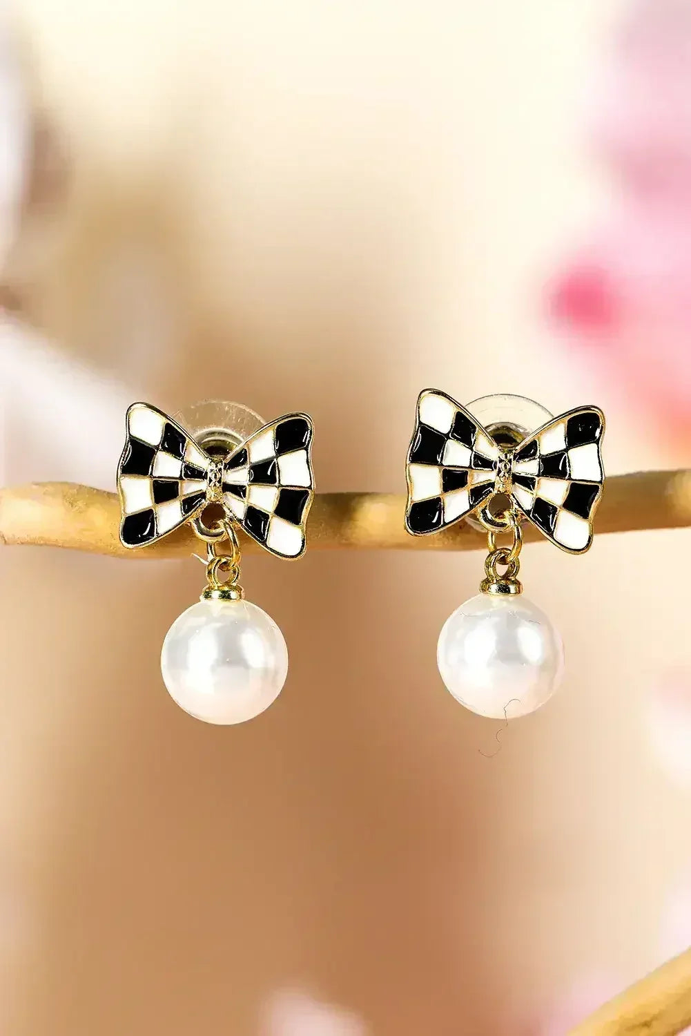 Black Checkered Bow Earrings | Pearl Drop Dangle Earrings - Femstylo