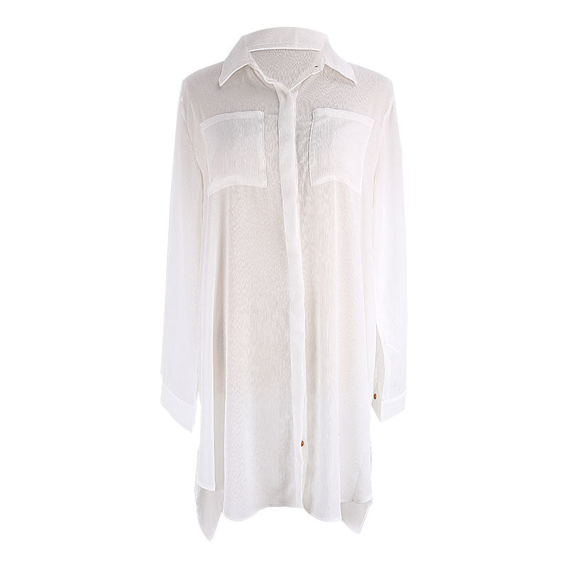 Woven Crepe Shirt Hidden Hook Beach Cover up Bikini Coat Shirt Swimsuit Cardigan Women