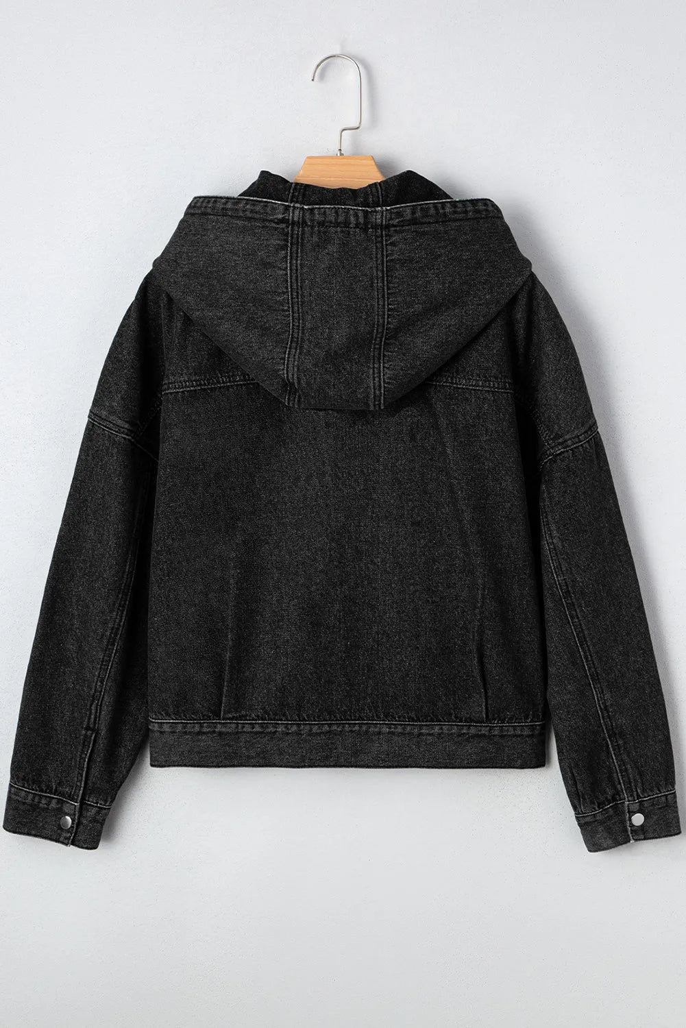 Black Chest Pocket Drop Shoulder Hooded Denim Jacket