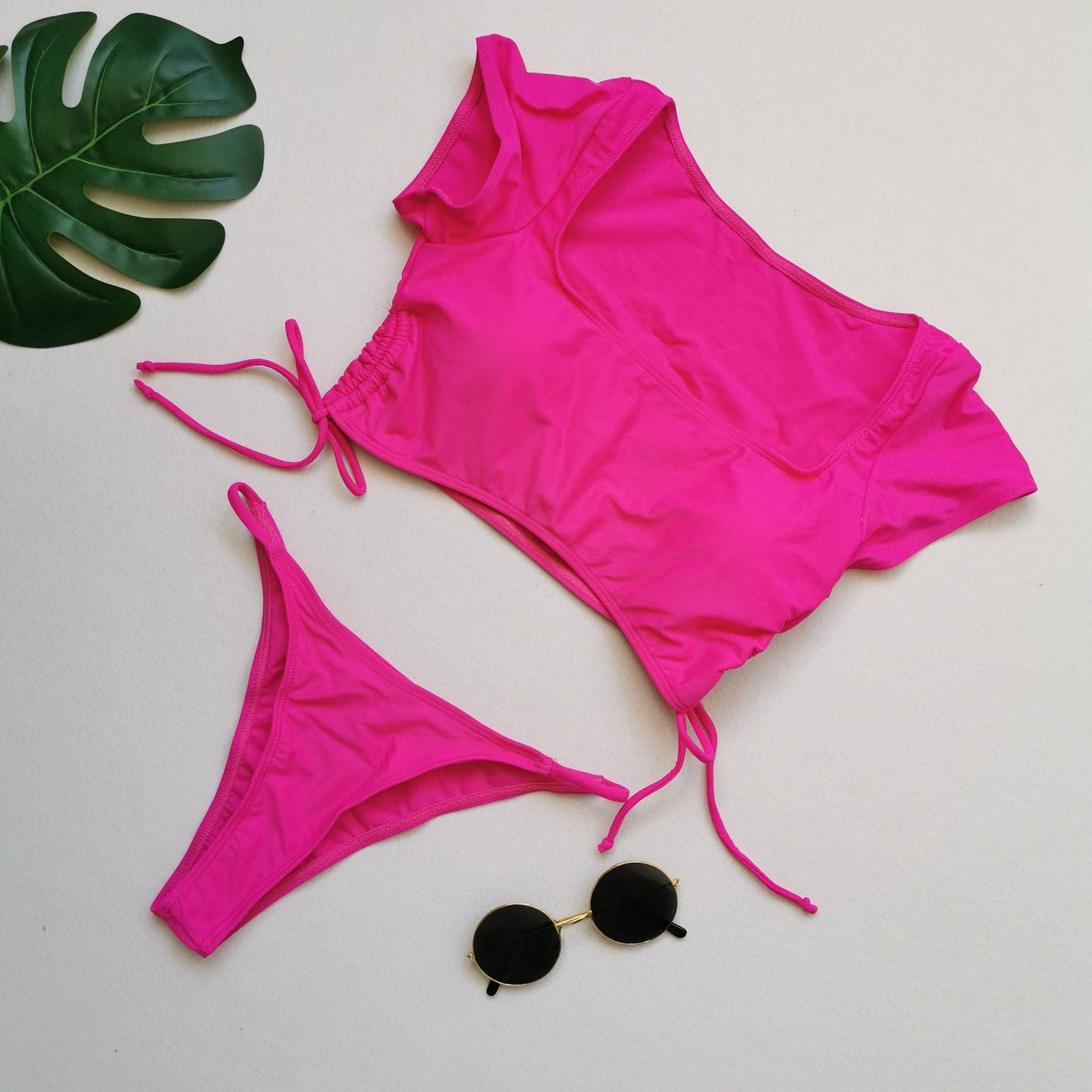 New Sexy Short Sleeved Bikini Split Swimsuit Women Solid Color Nylon Swimsuit