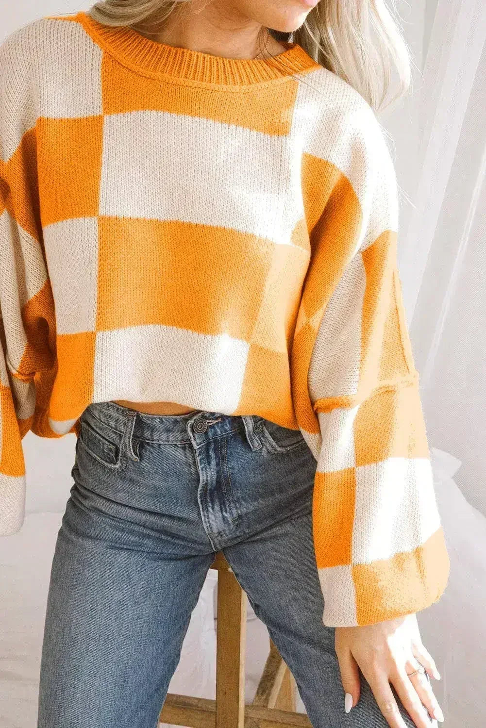 Orange Checkered Bishop Sleeve Sweater - Femstylo