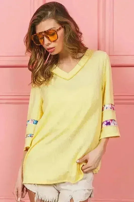 BiBi Cord Rib with Stitched Floral Contrast Top