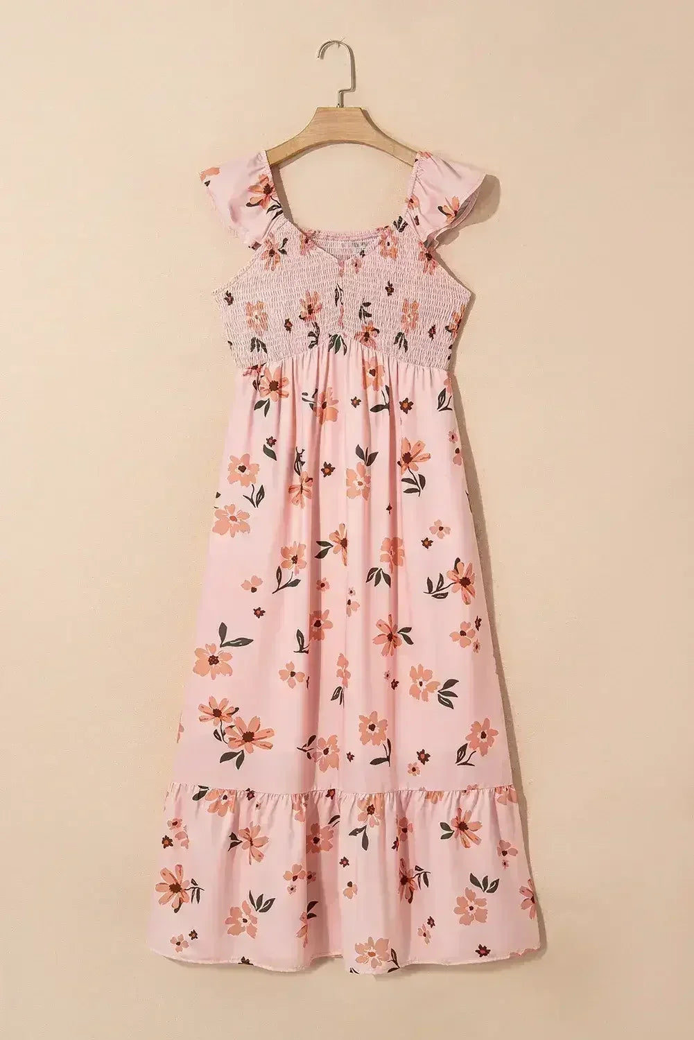 Pink Floral V Neck Smocked High Waist Ruffle Hem Maxi Dress
