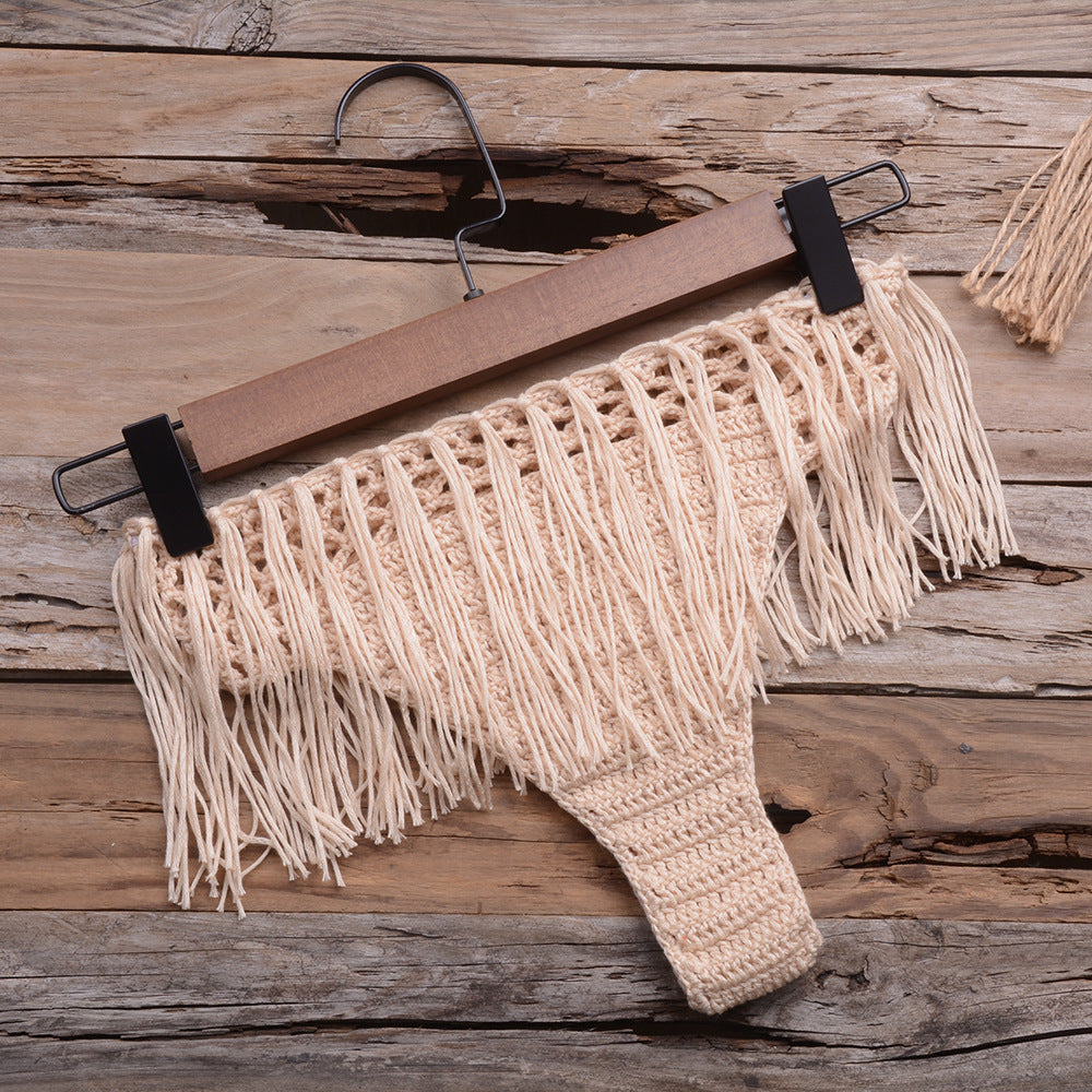 Internet Hand Woven Beach Hollow Out Cutout Tassel Split Swimsuit Set Factory Direct