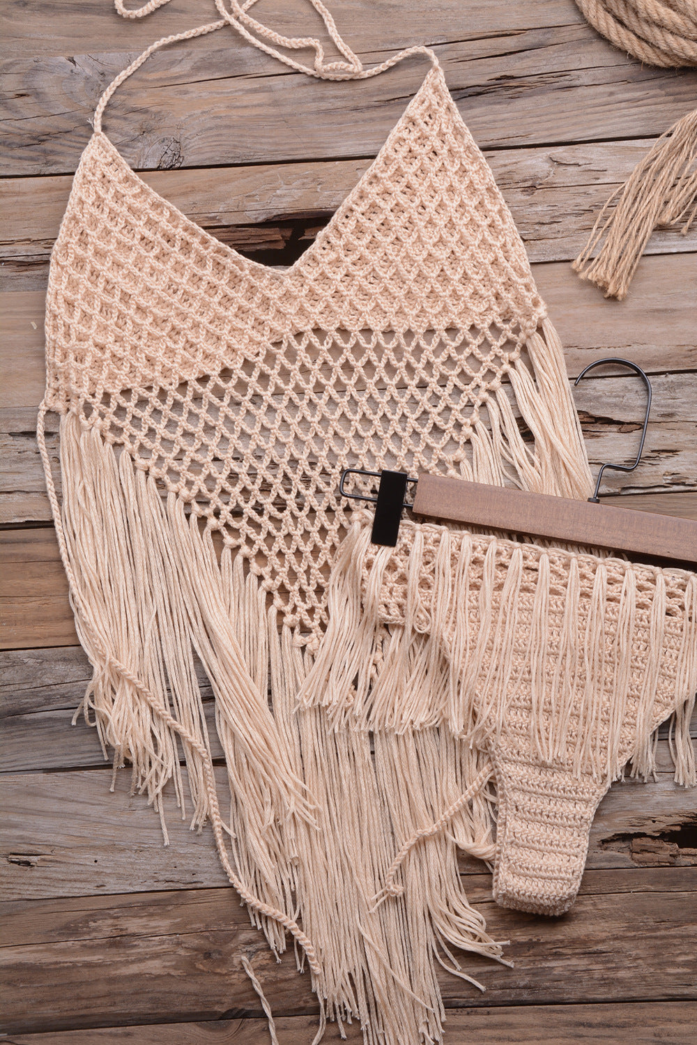 Internet Hand Woven Beach Hollow Out Cutout Tassel Split Swimsuit Set Factory Direct