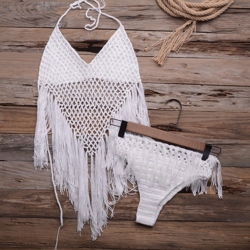 Internet Hand Woven Beach Hollow Out Cutout Tassel Split Swimsuit Set Factory Direct