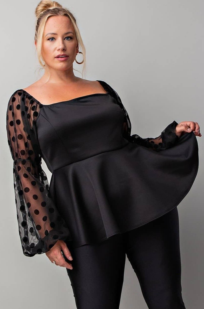 Adriana Plus Size Peplum Top With Long Balloon Sleeves & Chic Square Neckline