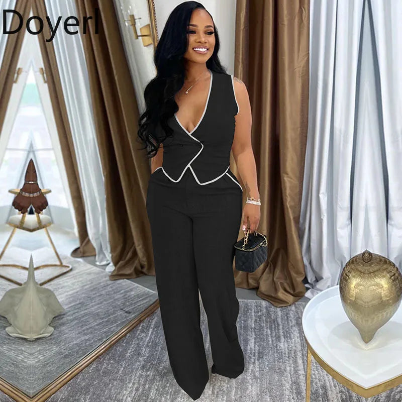 Doyerl Vintage Elegant 2 Piece Sets Woman Outfit Workwear Patchwork Double-breasted Vest Top and Wide Leg Pants Matching Sets