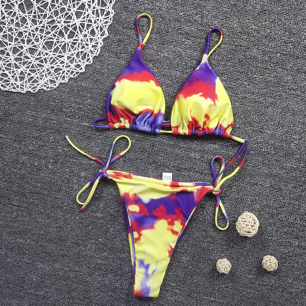 Color Blooming Printed Bikini Sexy Lace up Double Sided Fabric Women Swimsuit Bikini