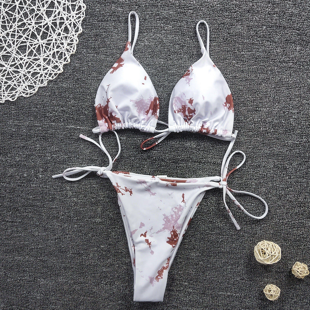 Color Blooming Printed Bikini Sexy Lace up Double Sided Fabric Women Swimsuit Bikini