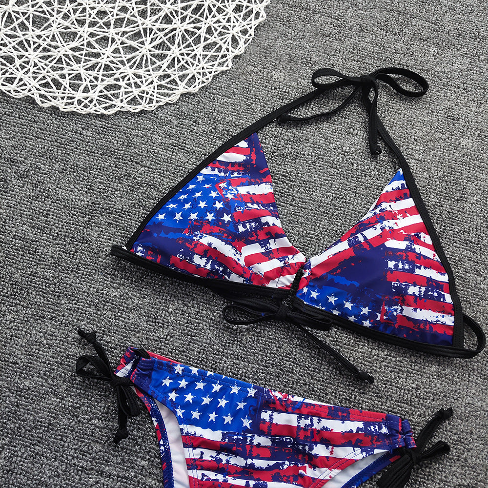 Bikini Sexy Lace up Flag Positioning Printing Bikini Women Swimsuit