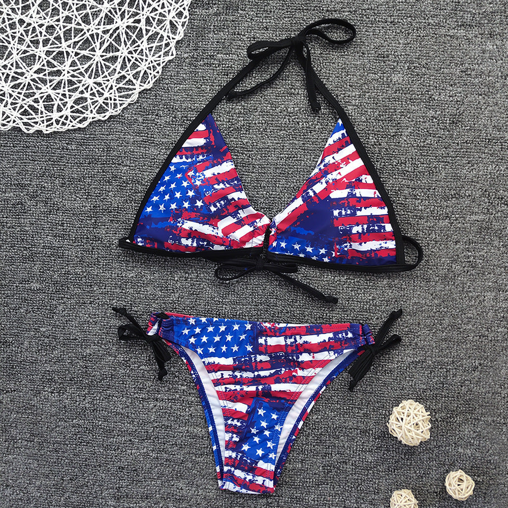 Bikini Sexy Lace up Flag Positioning Printing Bikini Women Swimsuit