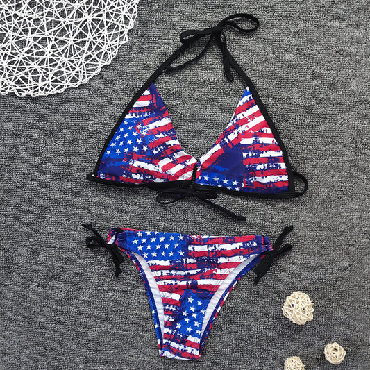Bikini Sexy Lace up Flag Positioning Printing Bikini Women Swimsuit