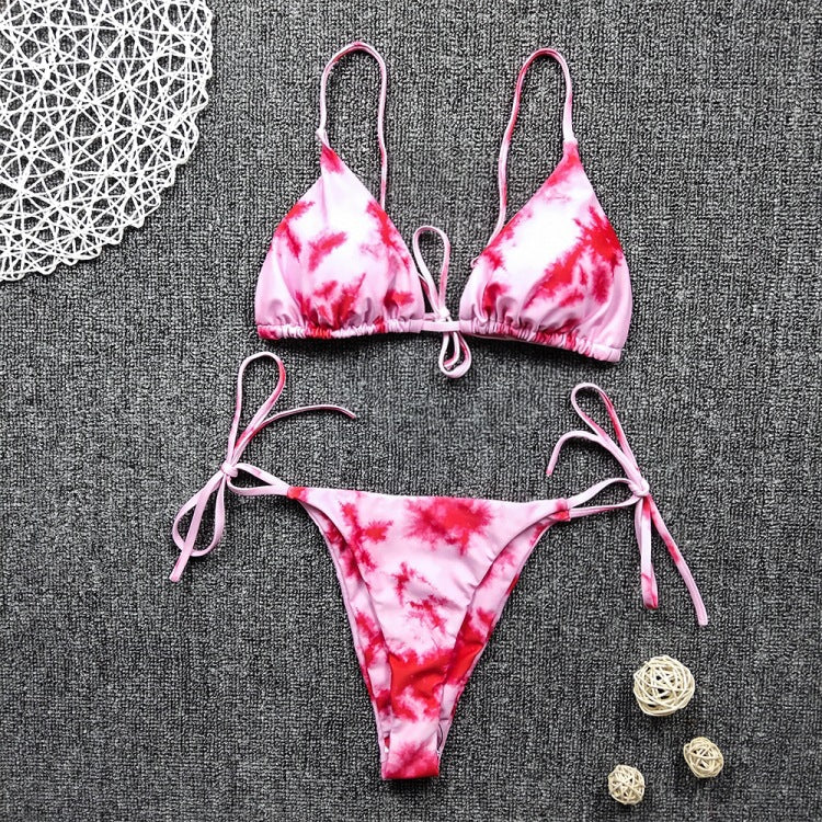 Color Blooming Printed Bikini Sexy Lace up Double Sided Fabric Women Swimsuit Bikini