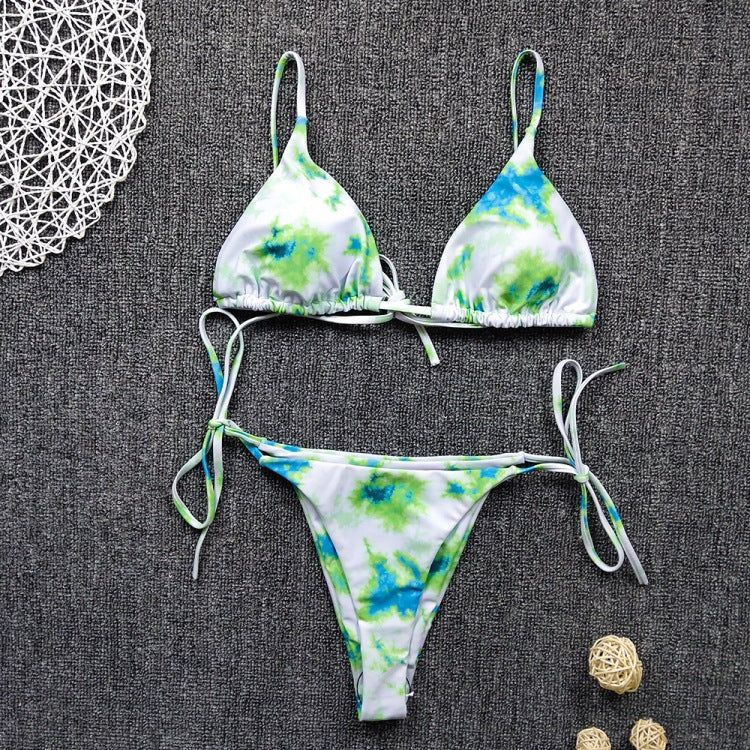 Color Blooming Printed Bikini Sexy Lace up Double Sided Fabric Women Swimsuit Bikini