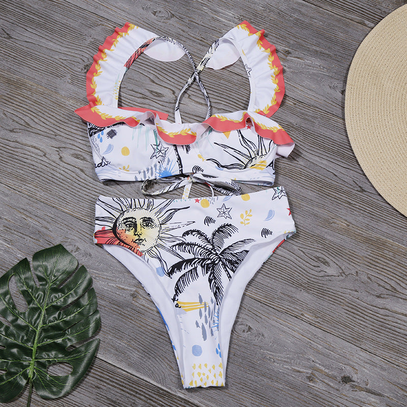 Flounced Printed Split Swimsuit Bikini