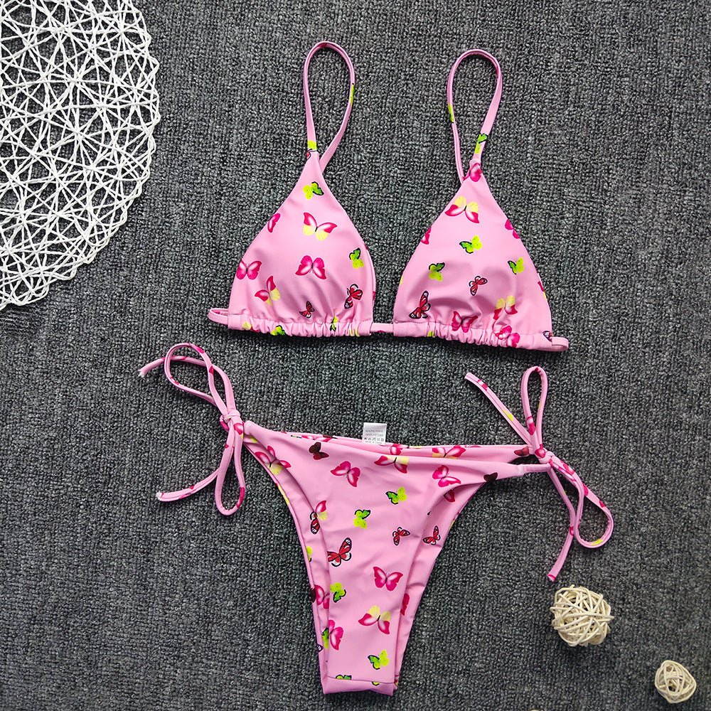 Color Blooming Printed Bikini Sexy Lace up Double Sided Fabric Women Swimsuit Bikini