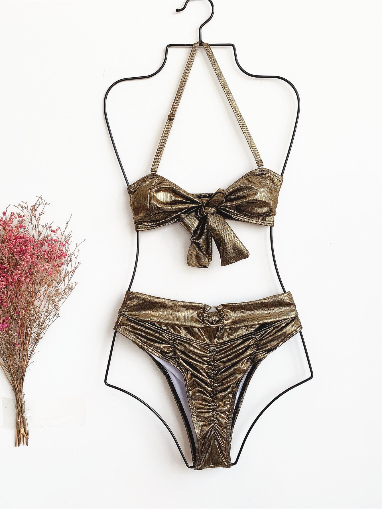 Metallic Coated Fabric Bikini Double Swimsuit Bow Bikini Gold Silk Swimsuit High Waist Swimsuit