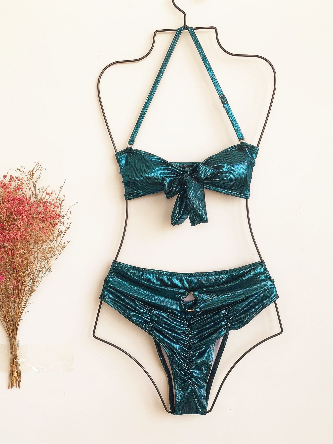 Metallic Coated Fabric Bikini Double Swimsuit Bow Bikini Gold Silk Swimsuit High Waist Swimsuit