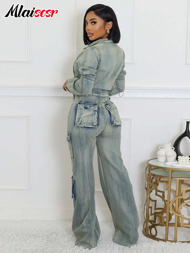 Mlaiscsr Vintage Stretch Denim 2 Piece Pants Sets Women Zip Slim Jackets and Pocket Cargo Jeans Outfit Streetwear Winter Suits
