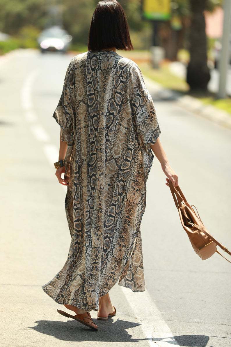 Beach Cover-up Elastic Printing Oversized Button Vacation Robe