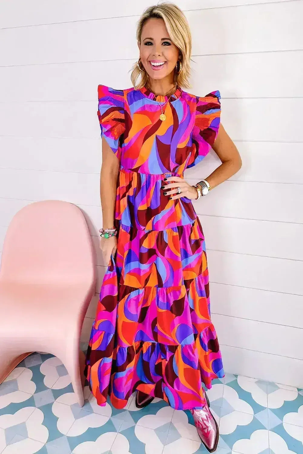 Orange Abstract Printed High Waist Ruffle Tiered Long Dress