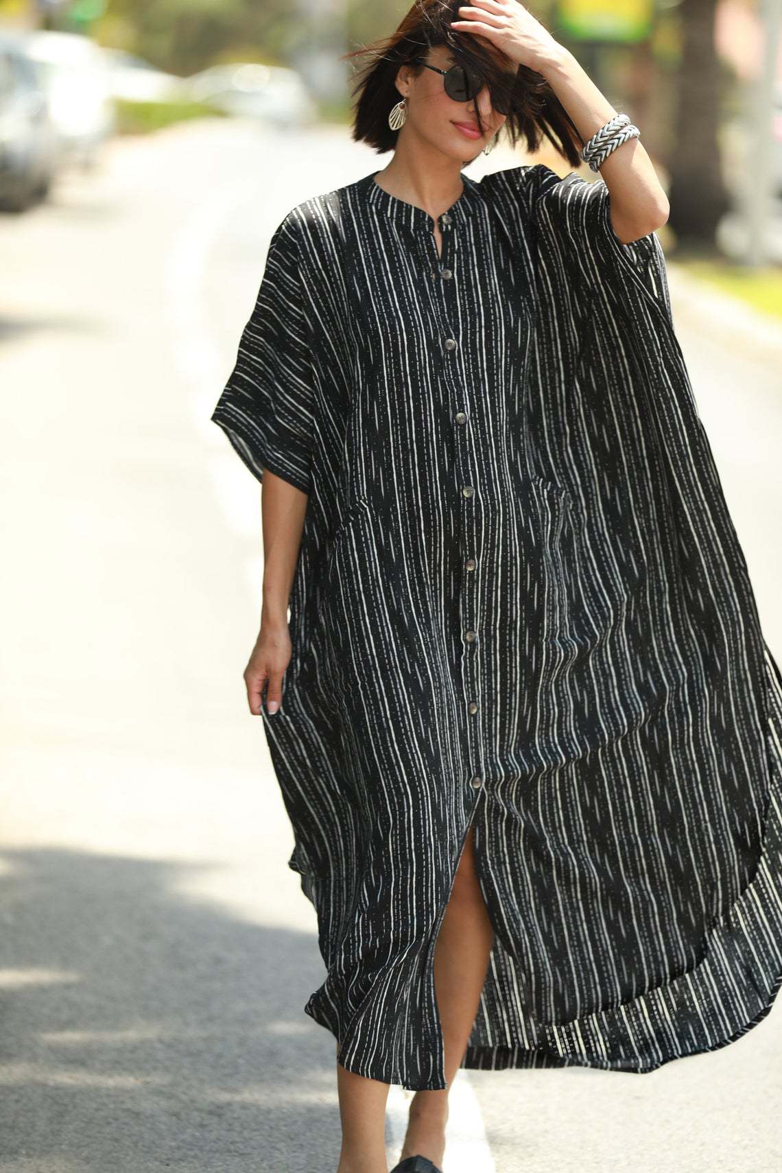 Beach Cover-up Elastic Printing Oversized Button Vacation Robe