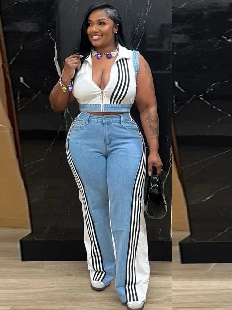 2 Pieces Women's Sets 2025 Spring Summer Denim Sleeveless Suit Tops And Wide Leg Pants Suits Two Piece Set Tracksuit Outfit