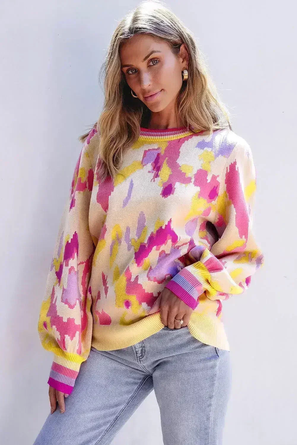 Abstract Balloon Sleeve Sweater - Colorblock Knit | Femstylo