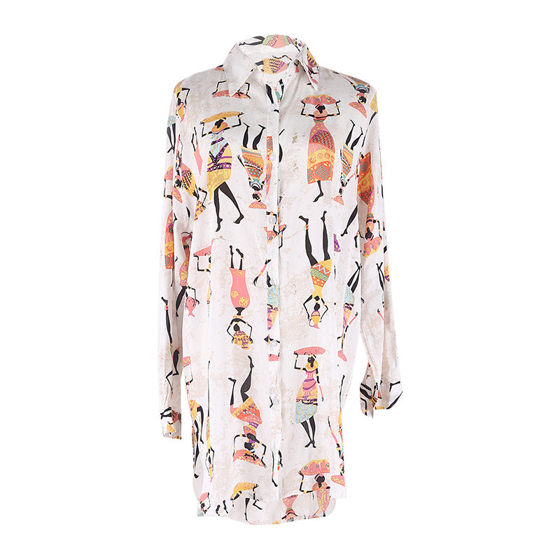 Cartoon Pattern Shirt Loose Long Sleeve Beach Cover Up Seaside Vacation Swimsuit Sun Protection Cardigan Women