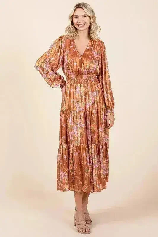 Mittoshop Flower Print Satin Lurex Stripe Smocked Midi Dress