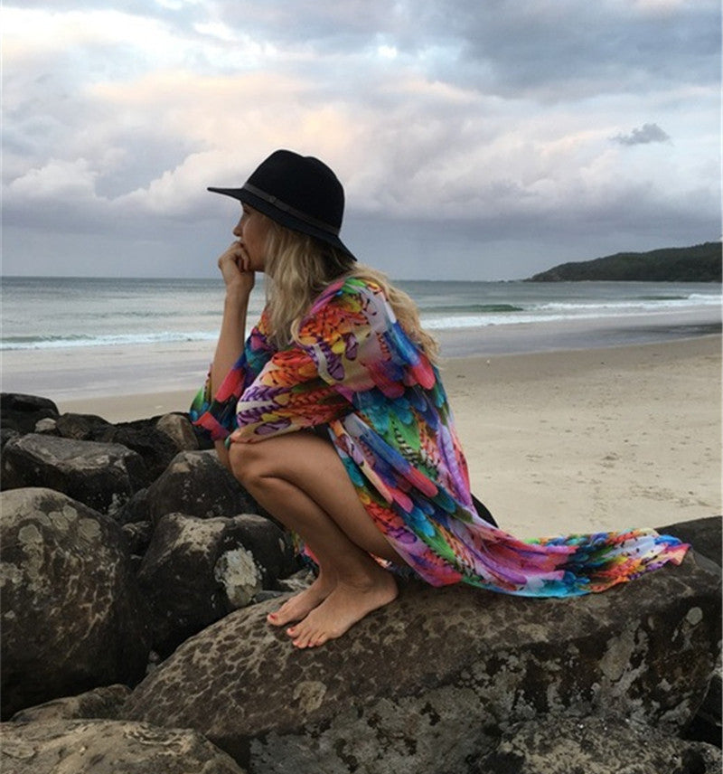 Beach Cover up Chiffon Colorful Feather Print Sun Protection Shirt Sexy Cardigan Loose Beach Cover Up