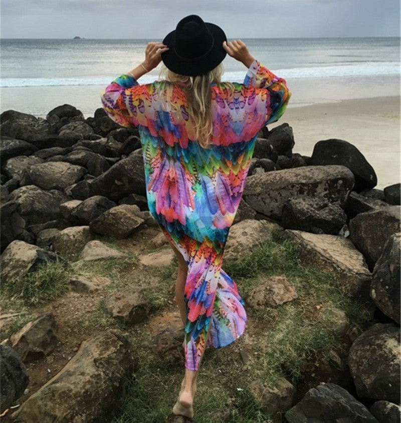 Beach Cover up Chiffon Colorful Feather Print Sun Protection Shirt Sexy Cardigan Loose Beach Cover Up
