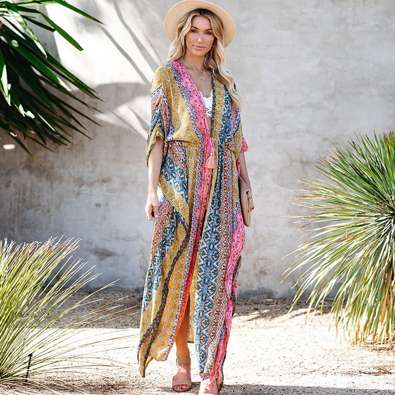 Rayon Printed Beach Jacket Vacation Loose Mid Length Sun Protection Cardigan Bikini Swimsuit Outwear Blouse