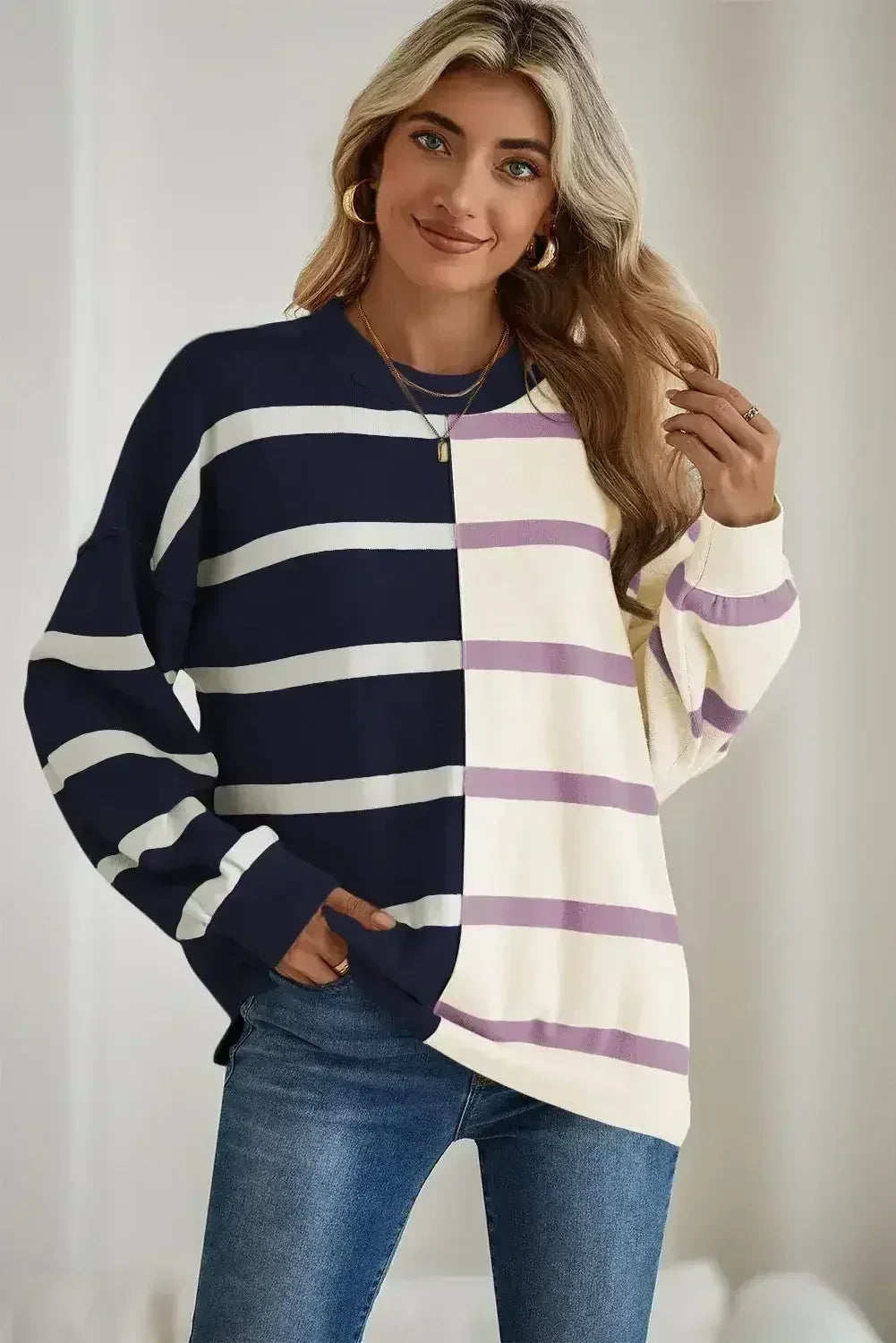 Pink Striped Patchwork Drop Shoulder Sweater